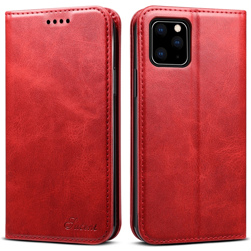 SUTENI Shockproof Drop-proof Textured Surface Magnetic Automatic Closing Wallet Flip Leather Case with Stand for iPhone 11 Pro Max 6.5 inch - Red