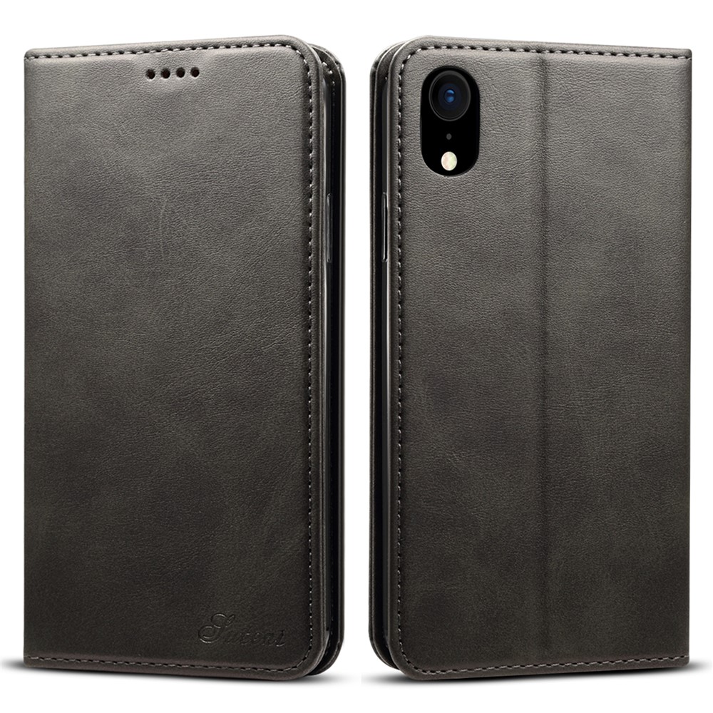 SUTENI Scratch-resistant Textured Surface Folio Flip Magnetic Automatic Closing Wallet Leather Case Cover with Stand for iPhone XR 6.1 inch - Black