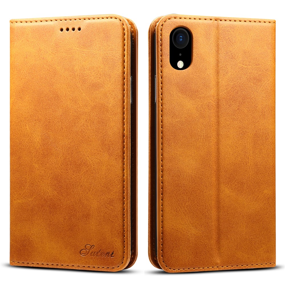 SUTENI Scratch-resistant Textured Surface Folio Flip Magnetic Automatic Closing Wallet Leather Case Cover with Stand for iPhone XR 6.1 inch - Khaki
