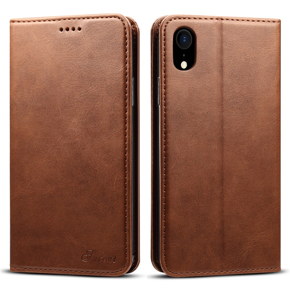 SUTENI Scratch-resistant Textured Surface Folio Flip Magnetic Automatic Closing Wallet Leather Case Cover with Stand for iPhone XR 6.1 inch - Brown