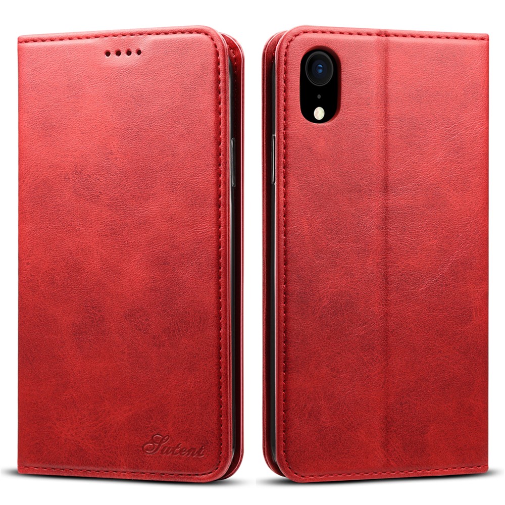 SUTENI Scratch-resistant Textured Surface Folio Flip Magnetic Automatic Closing Wallet Leather Case Cover with Stand for iPhone XR 6.1 inch - Red