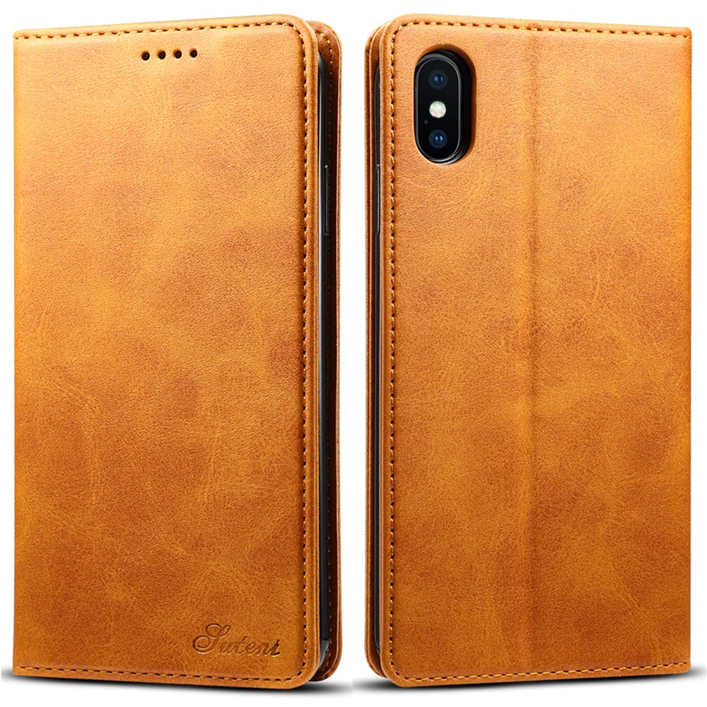 SUTENI Textured Surface Folio Flip Protective Case Wallet Magnetic Automatic Closing Leather Cover with Stand for iPhone XS Max 6.5 inch - Khaki