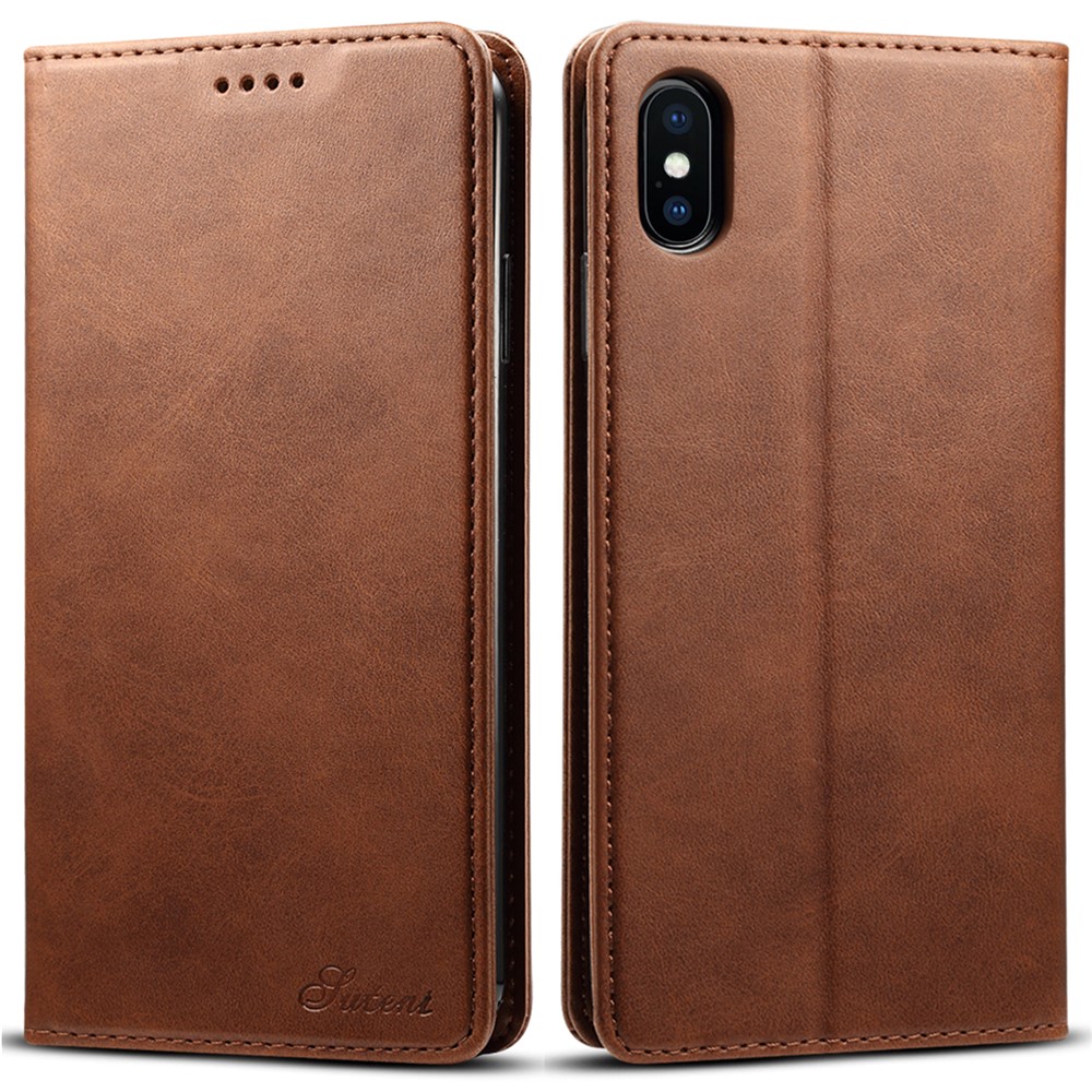 SUTENI Textured Surface Folio Flip Protective Case Wallet Magnetic Automatic Closing Leather Cover with Stand for iPhone XS Max 6.5 inch - Brown