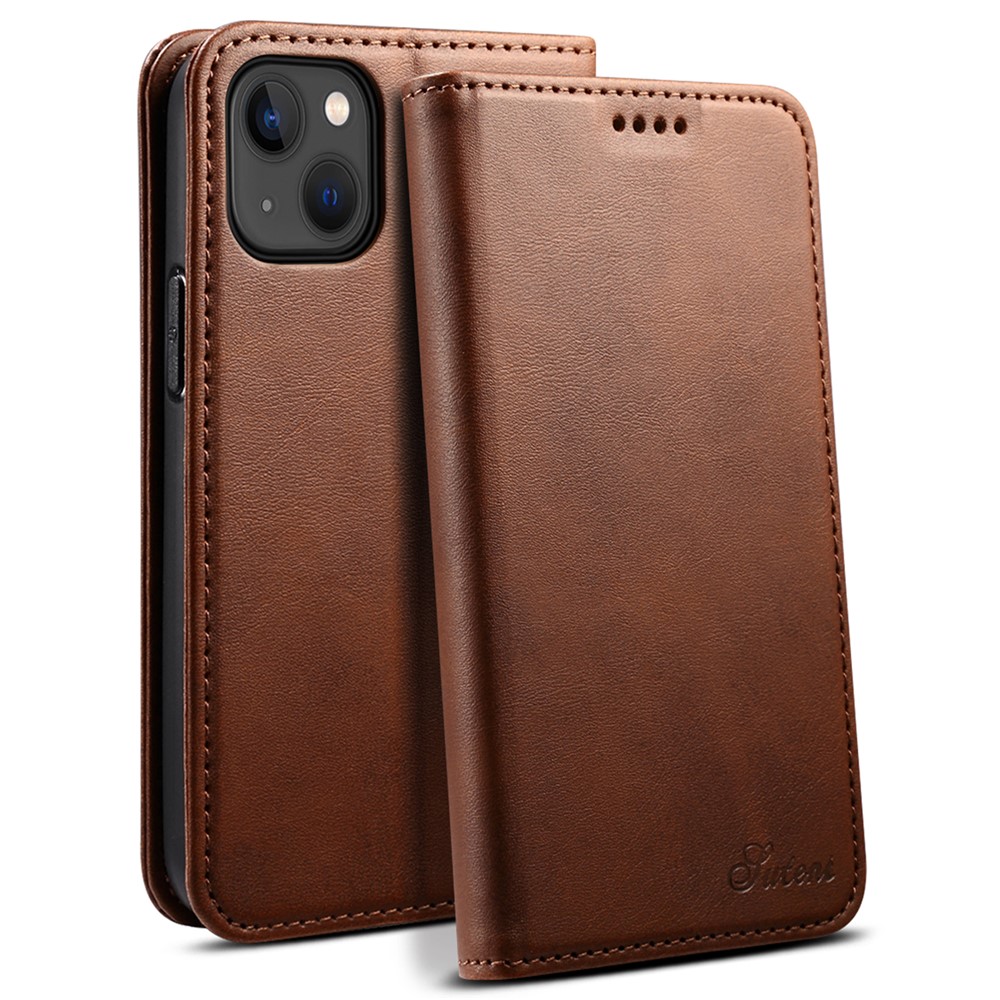 SUTENI Anti-scratch Wallet Stand Design Magnetic Automatic Closing Leather Protective Cover + TPU Inner Case for iPhone 13 mini 5.4 inch - Brown