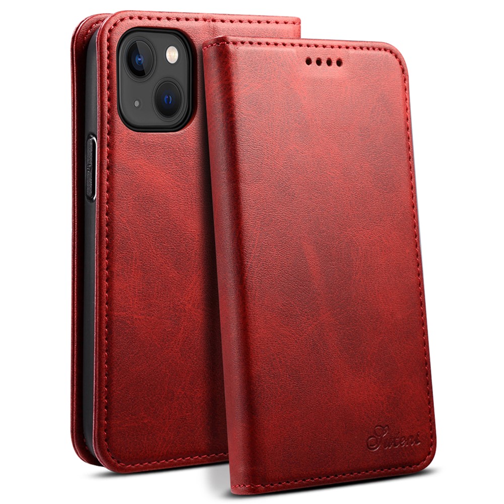 SUTENI Anti-scratch Wallet Stand Design Magnetic Automatic Closing Leather Protective Cover + TPU Inner Case for iPhone 13 mini 5.4 inch - Red