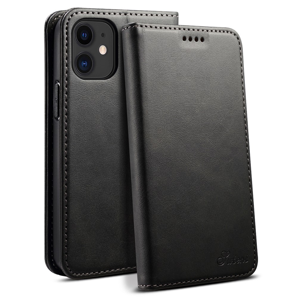 SUTENI Textured Surface All-round Protection Case Magnetic Automatic Closing Leather Case with Stand and Wallet for iPhone 12 mini 5.4 inch - Black