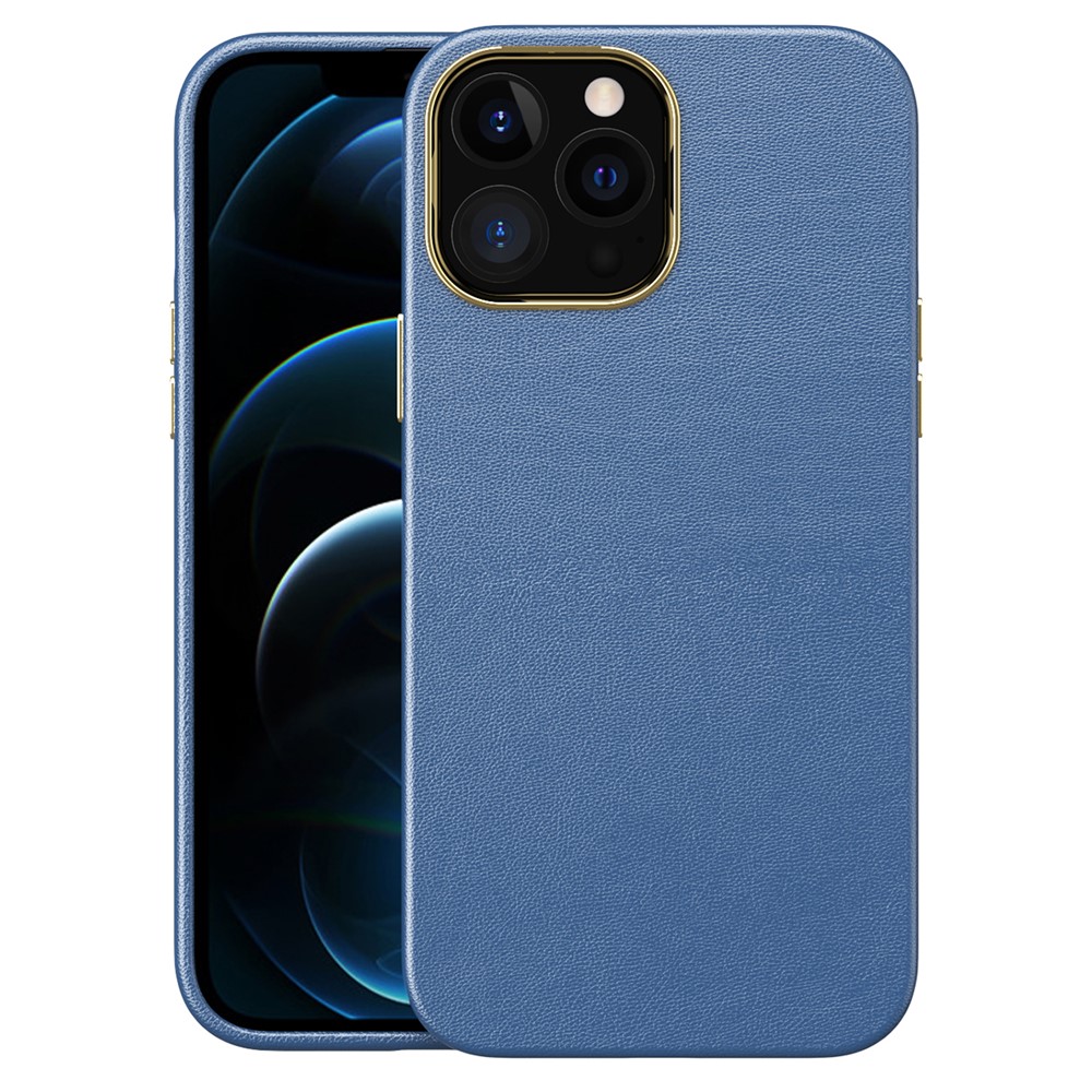 Leather Texture TPU + PC Dual-layer Hybrid Cover Electroplating Phone Case for iPhone 13 Pro Max 6.7 inch - Sapphire-1