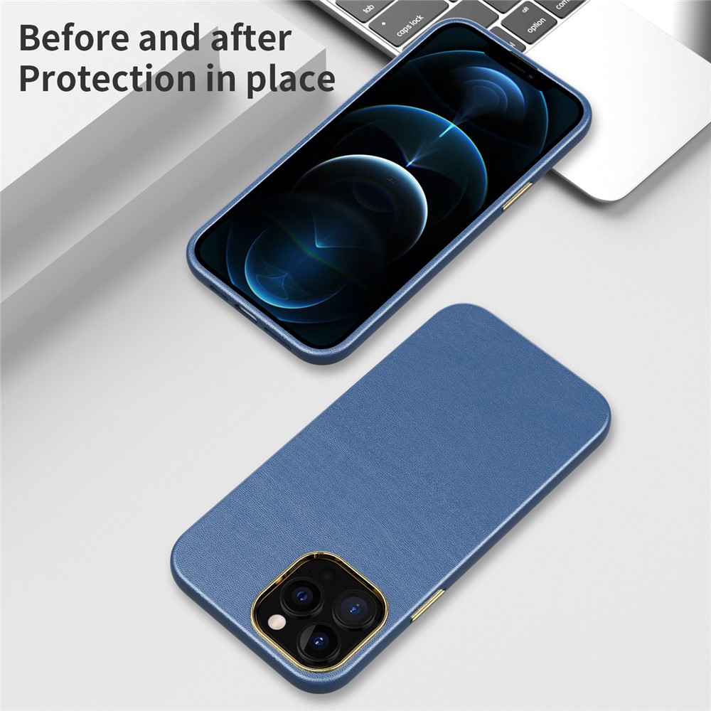 Leather Texture TPU + PC Dual-layer Hybrid Cover Electroplating Phone Case for iPhone 13 Pro Max 6.7 inch - Sapphire-4