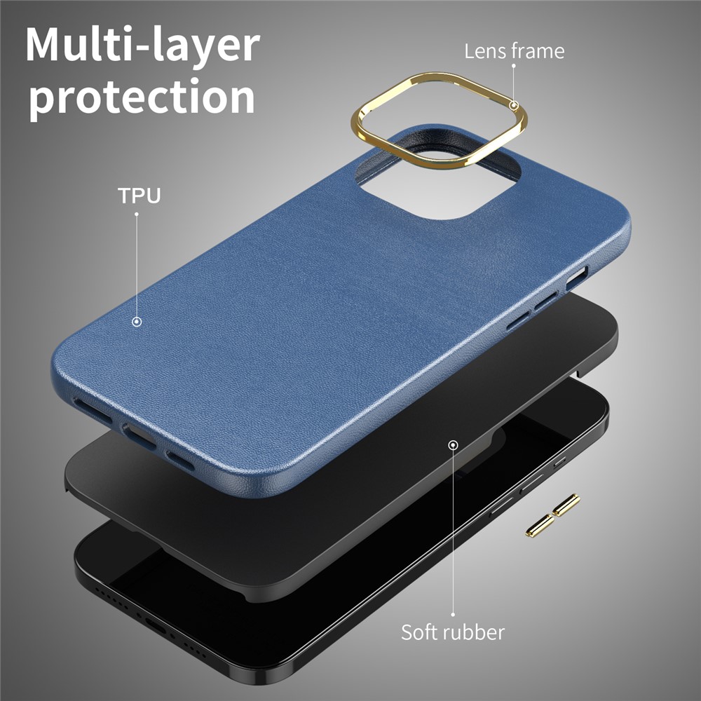 Leather Texture TPU + PC Dual-layer Hybrid Cover Electroplating Phone Case for iPhone 13 Pro Max 6.7 inch - Sapphire-6