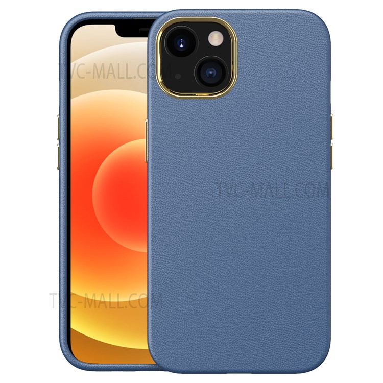 Anti-drop Leather Texture TPU + PC Mobile Phone Back Case with Electroplating Camera Lens Frame for iPhone 13 mini 5.4 inch - Sapphire-1