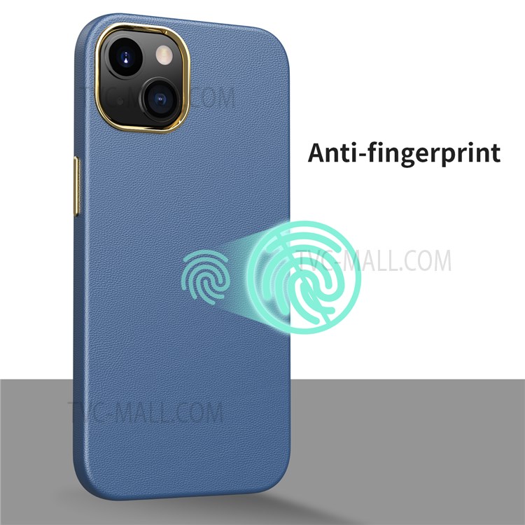 Anti-drop Leather Texture TPU + PC Mobile Phone Back Case with Electroplating Camera Lens Frame for iPhone 13 mini 5.4 inch - Sapphire-2