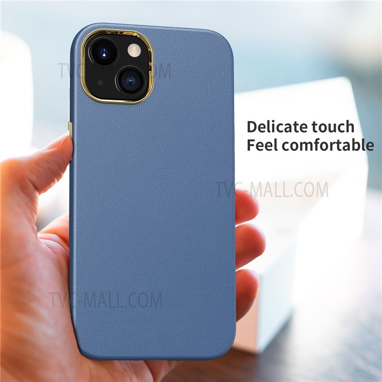 Anti-drop Leather Texture TPU + PC Mobile Phone Back Case with Electroplating Camera Lens Frame for iPhone 13 mini 5.4 inch - Sapphire-6
