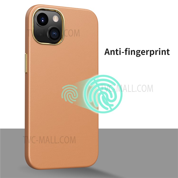 Leather Texture TPU + PC Phone Case with Electroplating Camera Lens Frame for iPhone 13 6.1 inch - Brown-3