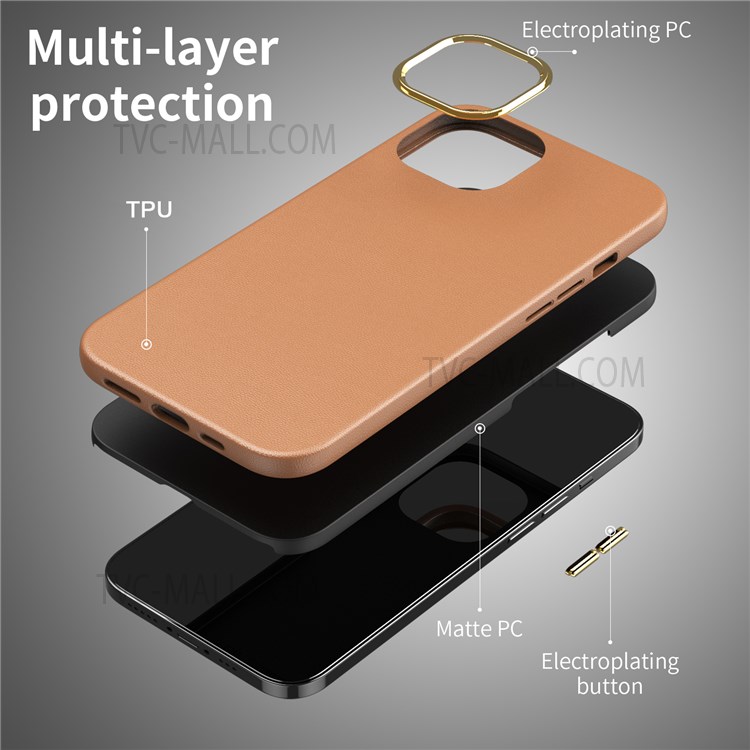 Leather Texture TPU + PC Phone Case with Electroplating Camera Lens Frame for iPhone 13 6.1 inch - Brown-4