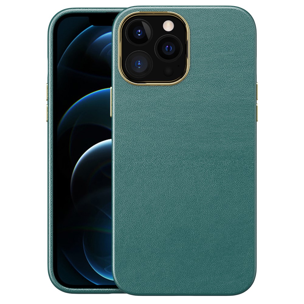 Electroplating Camera Lens Frame Leather Texture TPU + PC Combo Cover Phone Back Protector Case for iPhone 12 Pro Max 6.7 inch - Blackish Green-1
