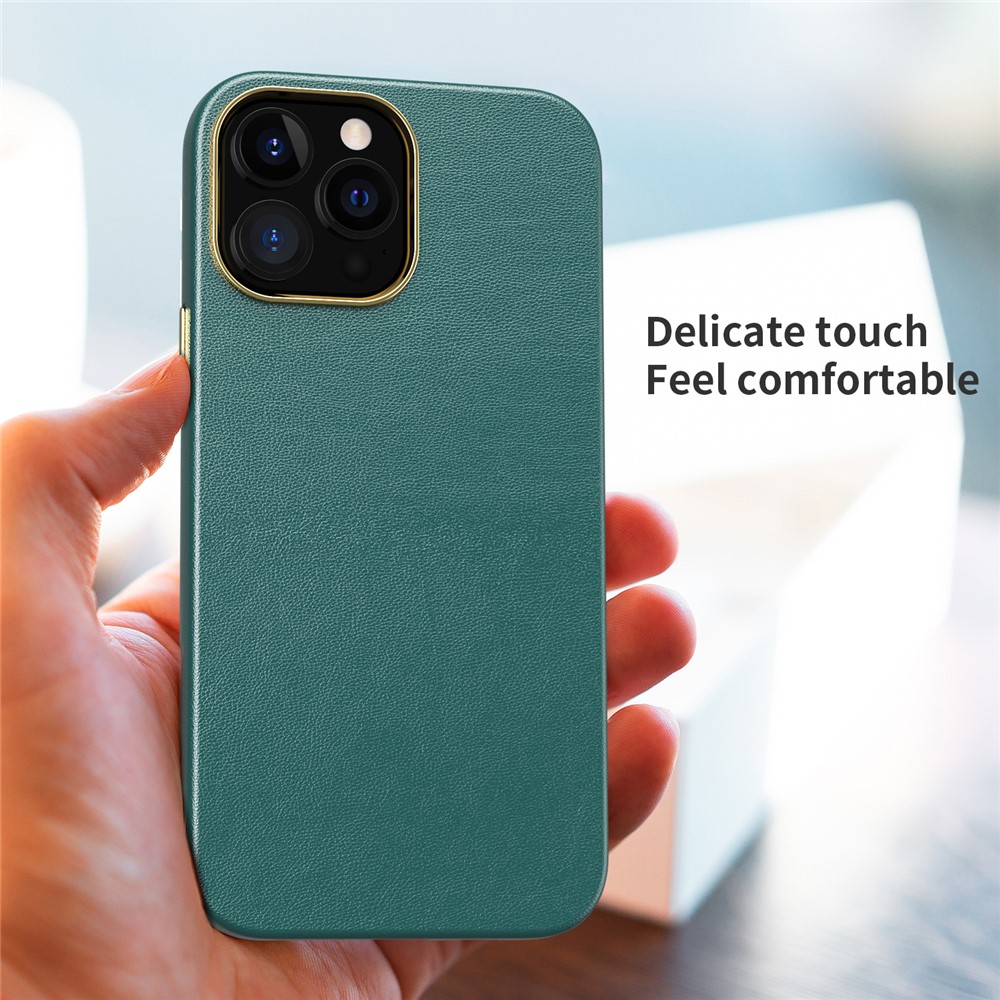 Electroplating Camera Lens Frame Leather Texture TPU + PC Combo Cover Phone Back Protector Case for iPhone 12 Pro Max 6.7 inch - Blackish Green-2
