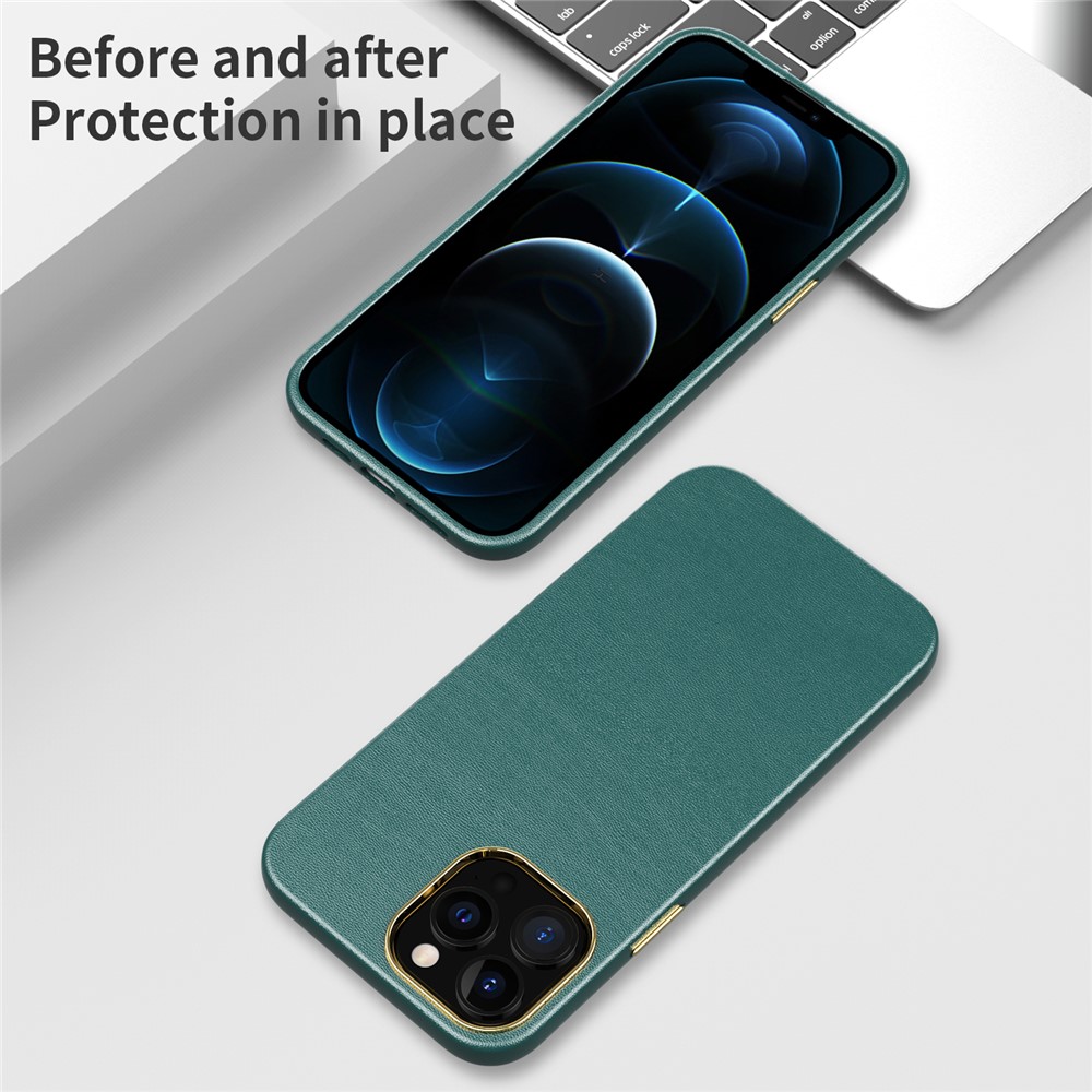Electroplating Camera Lens Frame Leather Texture TPU + PC Combo Cover Phone Back Protector Case for iPhone 12 Pro Max 6.7 inch - Blackish Green-4