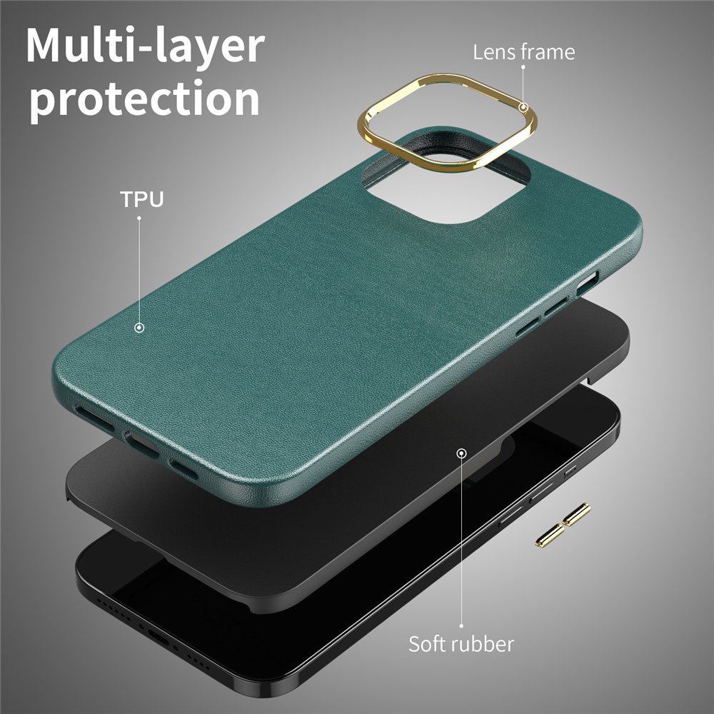 Electroplating Camera Lens Frame Leather Texture TPU + PC Combo Cover Phone Back Protector Case for iPhone 12 Pro Max 6.7 inch - Blackish Green-6