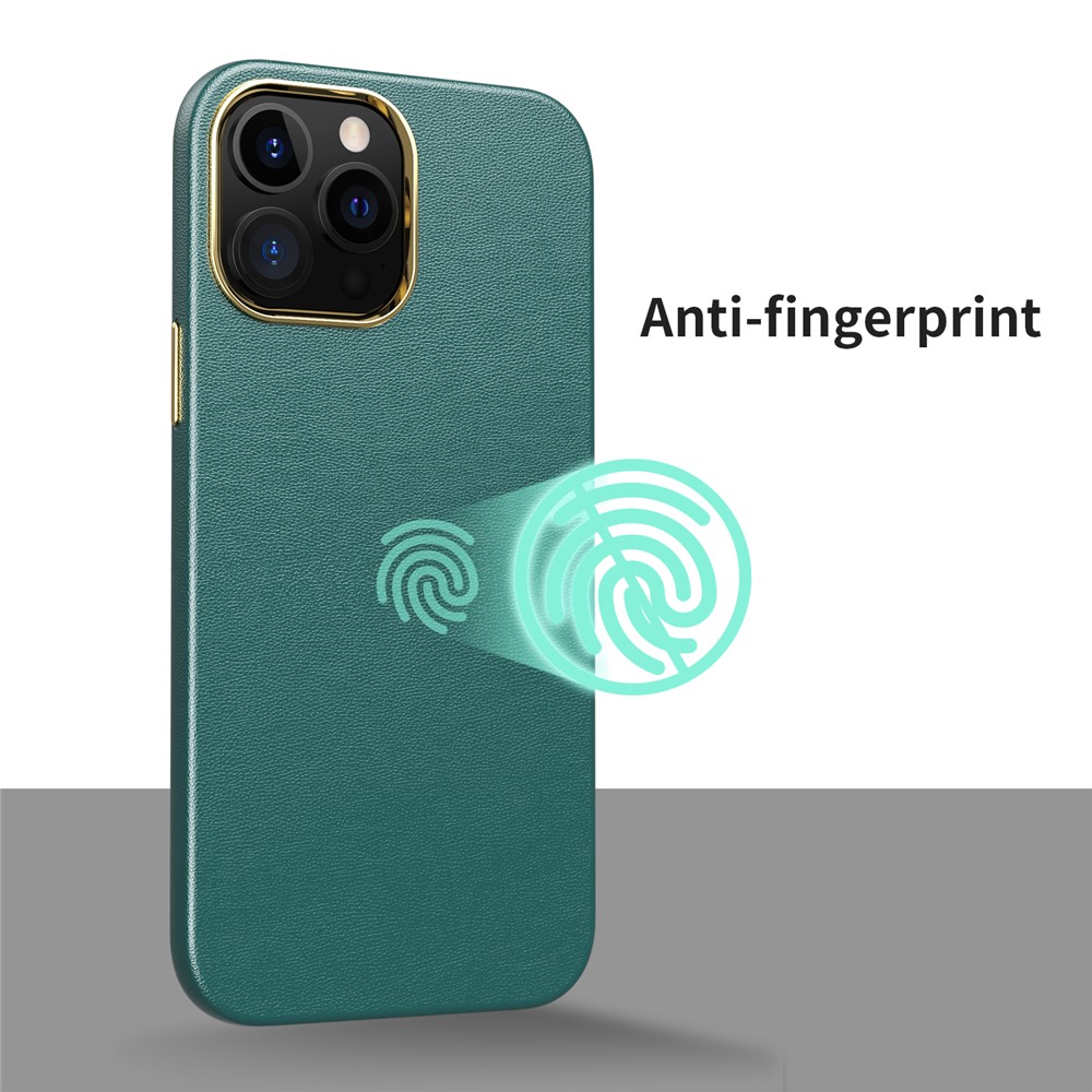 Electroplating Camera Lens Frame Leather Texture TPU + PC Combo Cover Phone Back Protector Case for iPhone 12 Pro Max 6.7 inch - Blackish Green-7