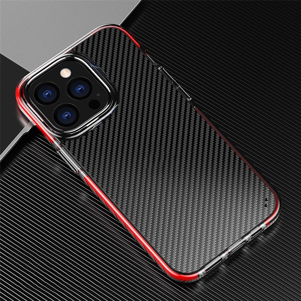 Anti-slip Carbon Fiber Texture Clear Hard PC+Soft TPU Heavy Duty Shockproof Defender Protective Phone Case for iPhone 13 Pro Max 6.7 inch - Red-2