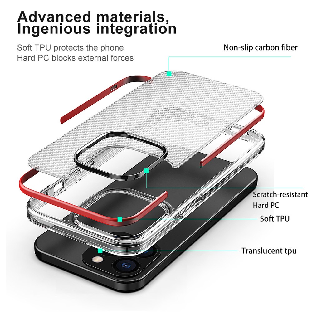 Anti-slip Carbon Fiber Texture Clear Hard PC+Soft TPU Heavy Duty Shockproof Defender Protective Phone Case for iPhone 13 Pro Max 6.7 inch - Red-3