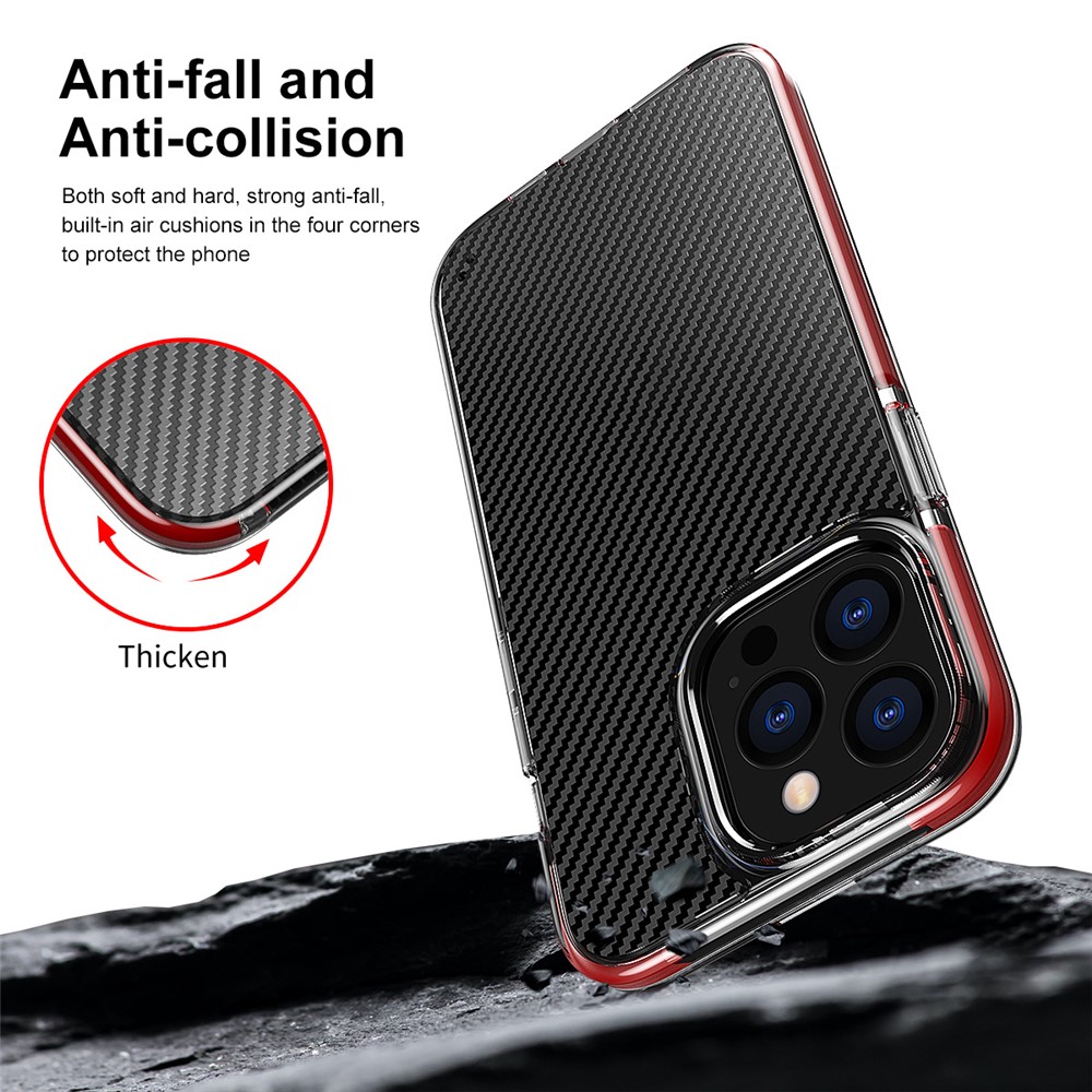 Anti-slip Carbon Fiber Texture Clear Hard PC+Soft TPU Heavy Duty Shockproof Defender Protective Phone Case for iPhone 13 Pro Max 6.7 inch - Red-4