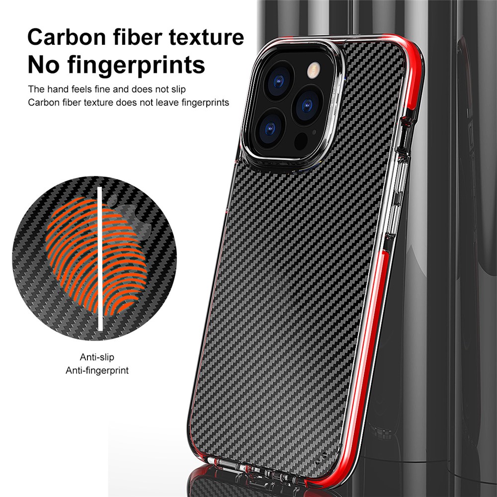 Anti-slip Carbon Fiber Texture Clear Hard PC+Soft TPU Heavy Duty Shockproof Defender Protective Phone Case for iPhone 13 Pro Max 6.7 inch - Red-6