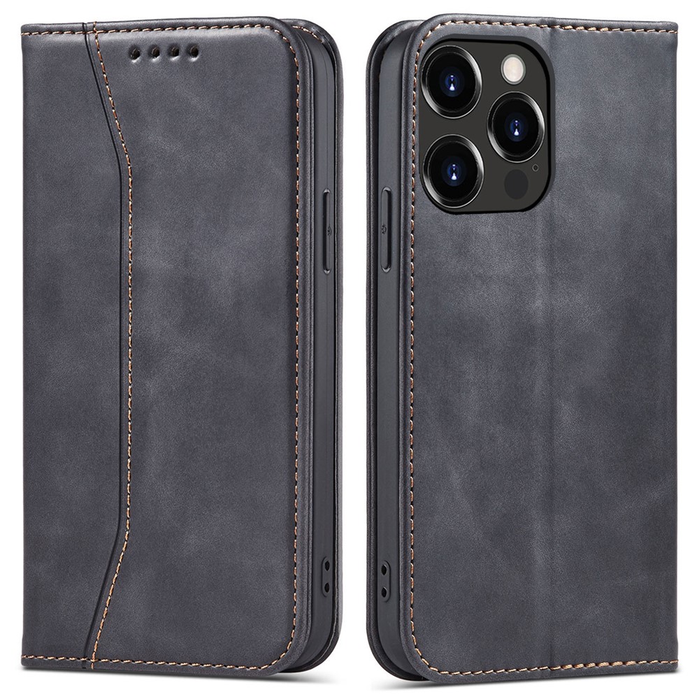 Automatic Closing Well-protected Double Edge-fold Sewing Design PU Leather Mobile Phone Case with Wallet Stand for iPhone 13 Pro Max 6.7 inch - Black-1