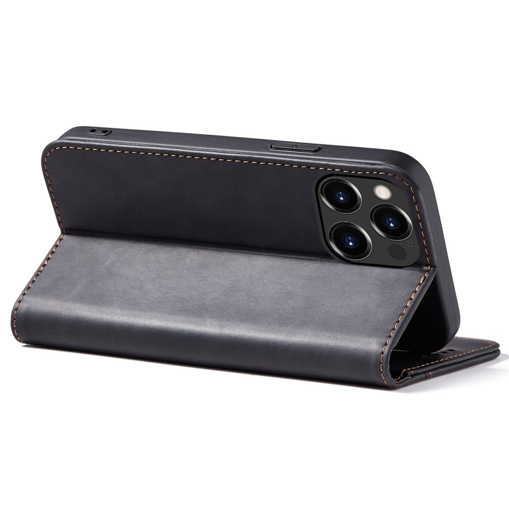 Automatic Closing Well-protected Double Edge-fold Sewing Design PU Leather Mobile Phone Case with Wallet Stand for iPhone 13 Pro Max 6.7 inch - Black-4