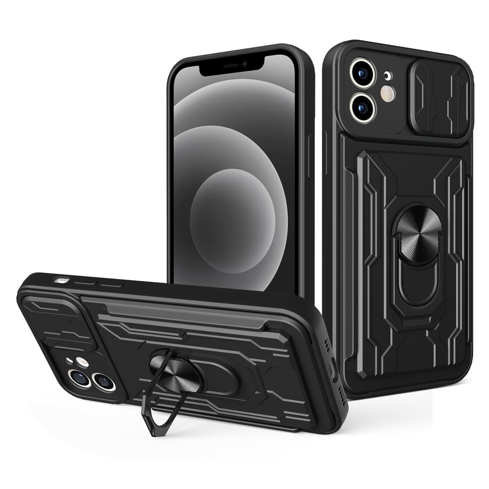 Ring Holder Kickstand Design PC + TPU Phone Case with Camera Slide Cover and Detachable Card Holder for iPhone 12 6.1 inch - Black-1