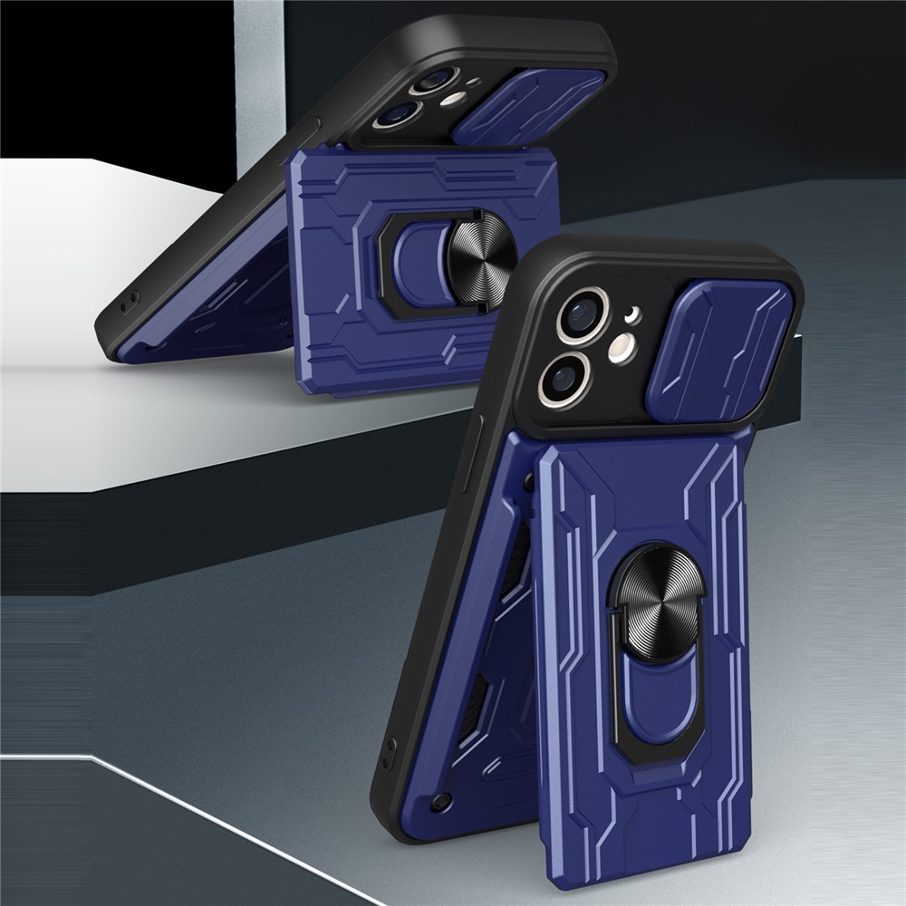 Ring Holder Kickstand Design PC + TPU Phone Case with Camera Slide Cover and Detachable Card Holder for iPhone 12 6.1 inch - Black-11