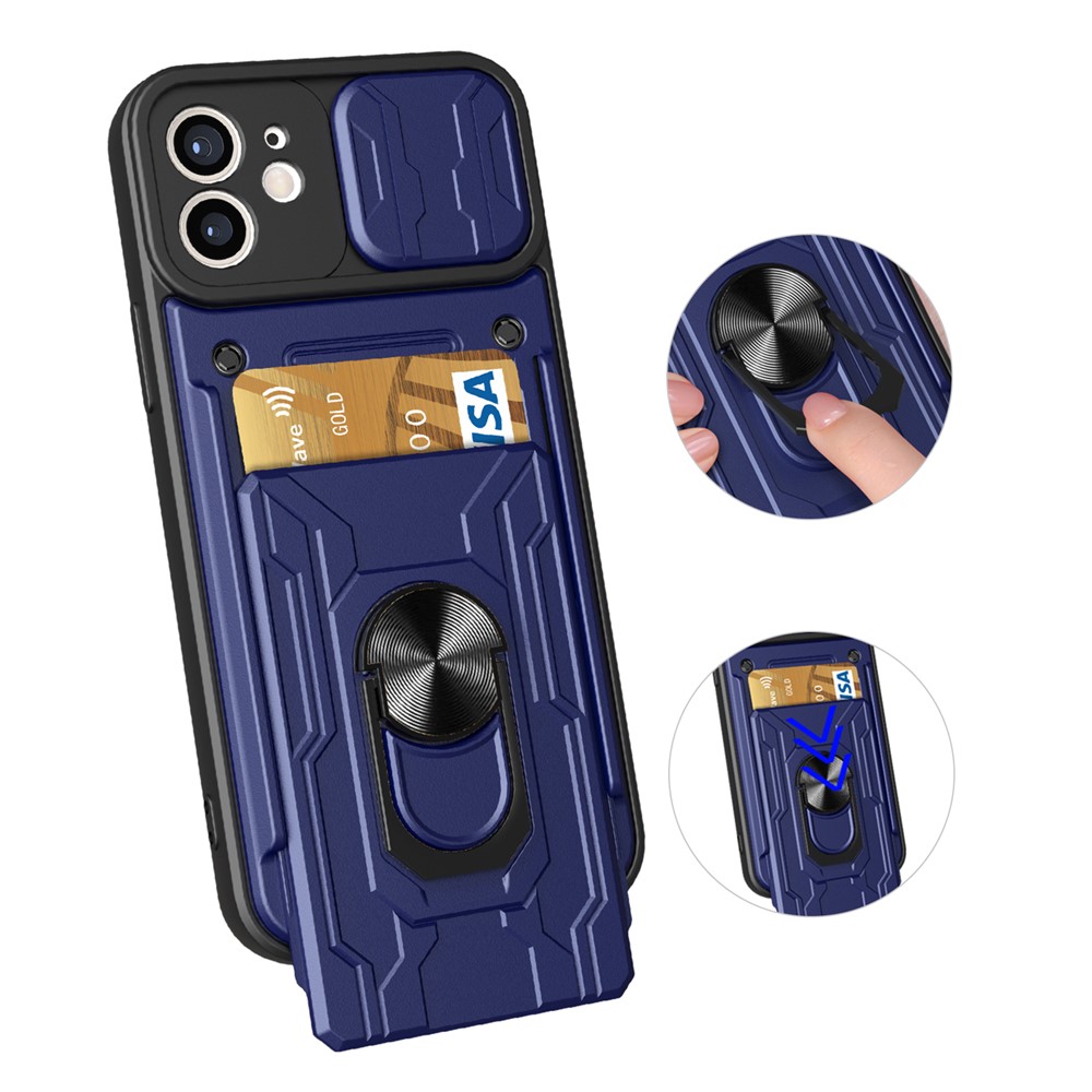 Ring Holder Kickstand Design PC + TPU Phone Case with Camera Slide Cover and Detachable Card Holder for iPhone 12 6.1 inch - Black-13