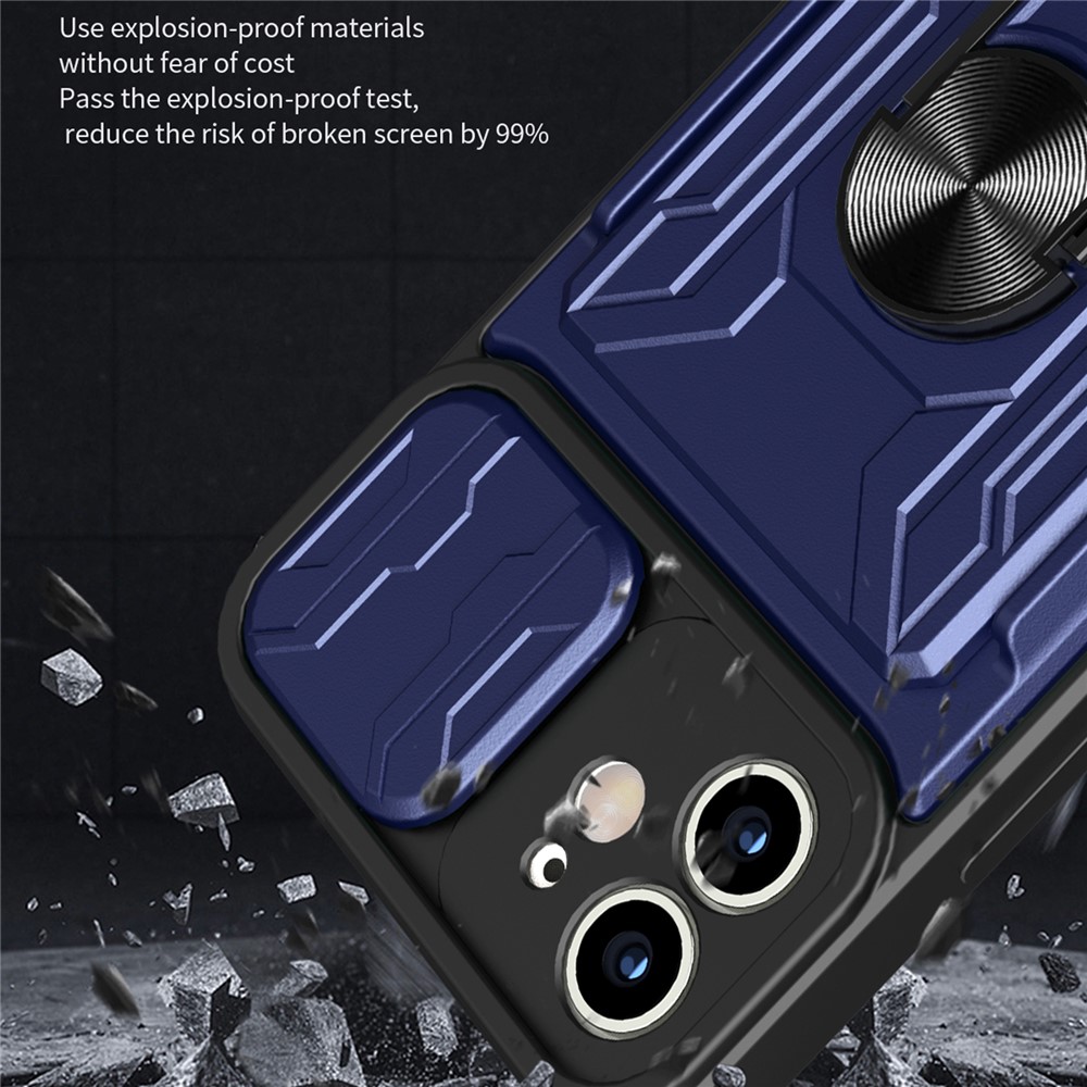 Ring Holder Kickstand Design PC + TPU Phone Case with Camera Slide Cover and Detachable Card Holder for iPhone 12 6.1 inch - Black-3