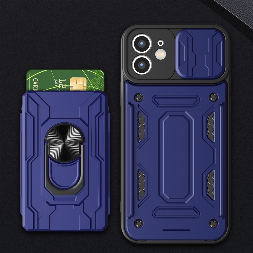 Ring Holder Kickstand Design PC + TPU Phone Case with Camera Slide Cover and Detachable Card Holder for iPhone 12 6.1 inch - Black-5