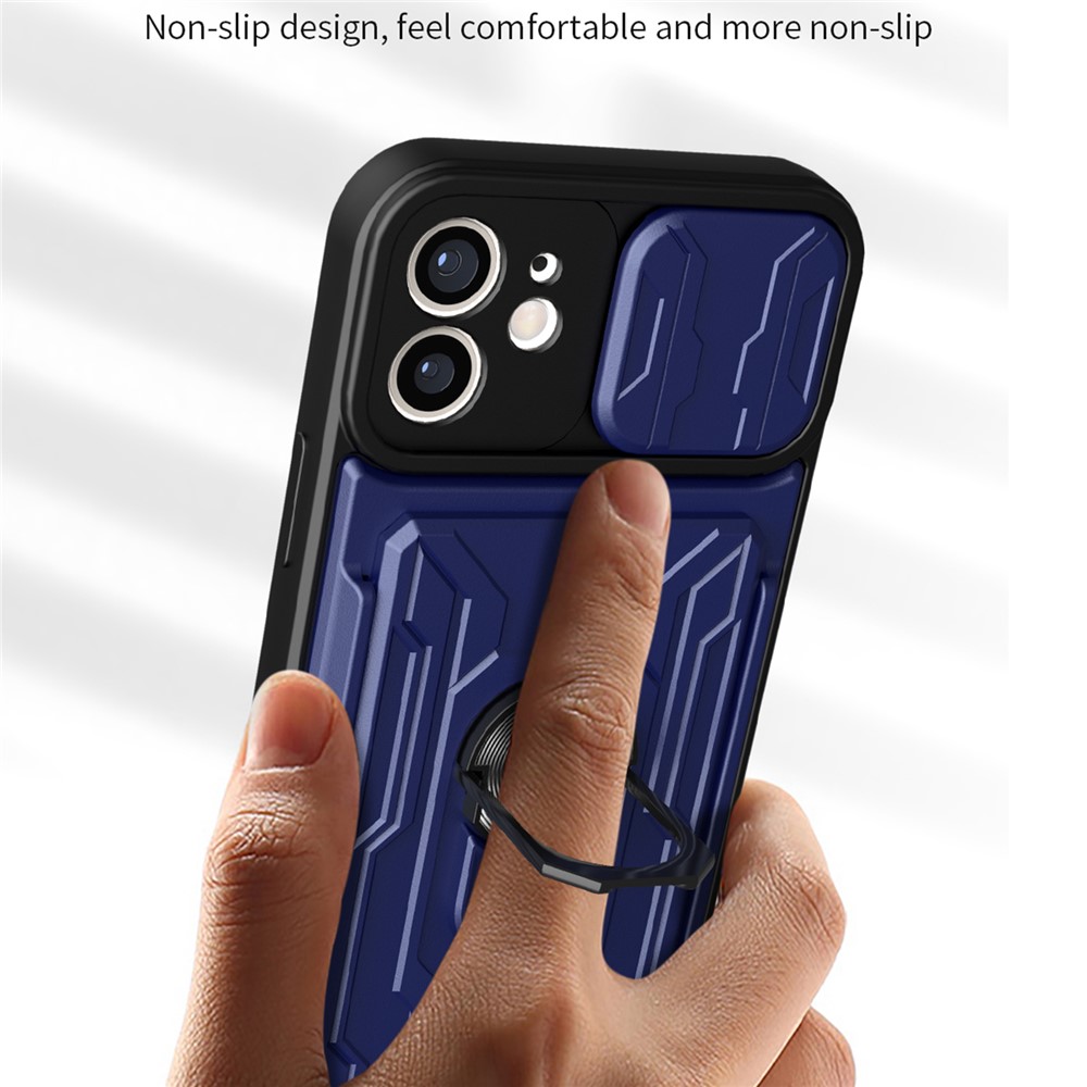 Ring Holder Kickstand Design PC + TPU Phone Case with Camera Slide Cover and Detachable Card Holder for iPhone 12 6.1 inch - Black-6