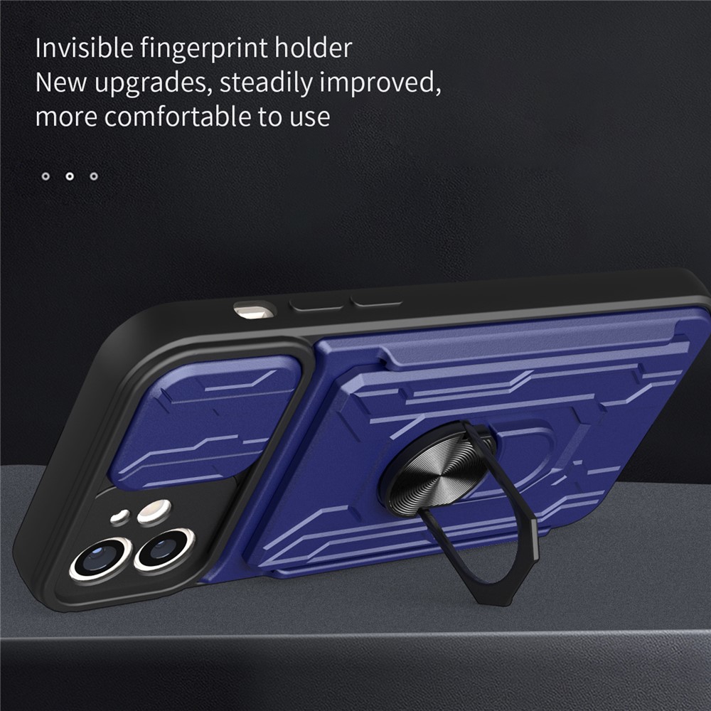 Ring Holder Kickstand Design PC + TPU Phone Case with Camera Slide Cover and Detachable Card Holder for iPhone 12 6.1 inch - Black-7