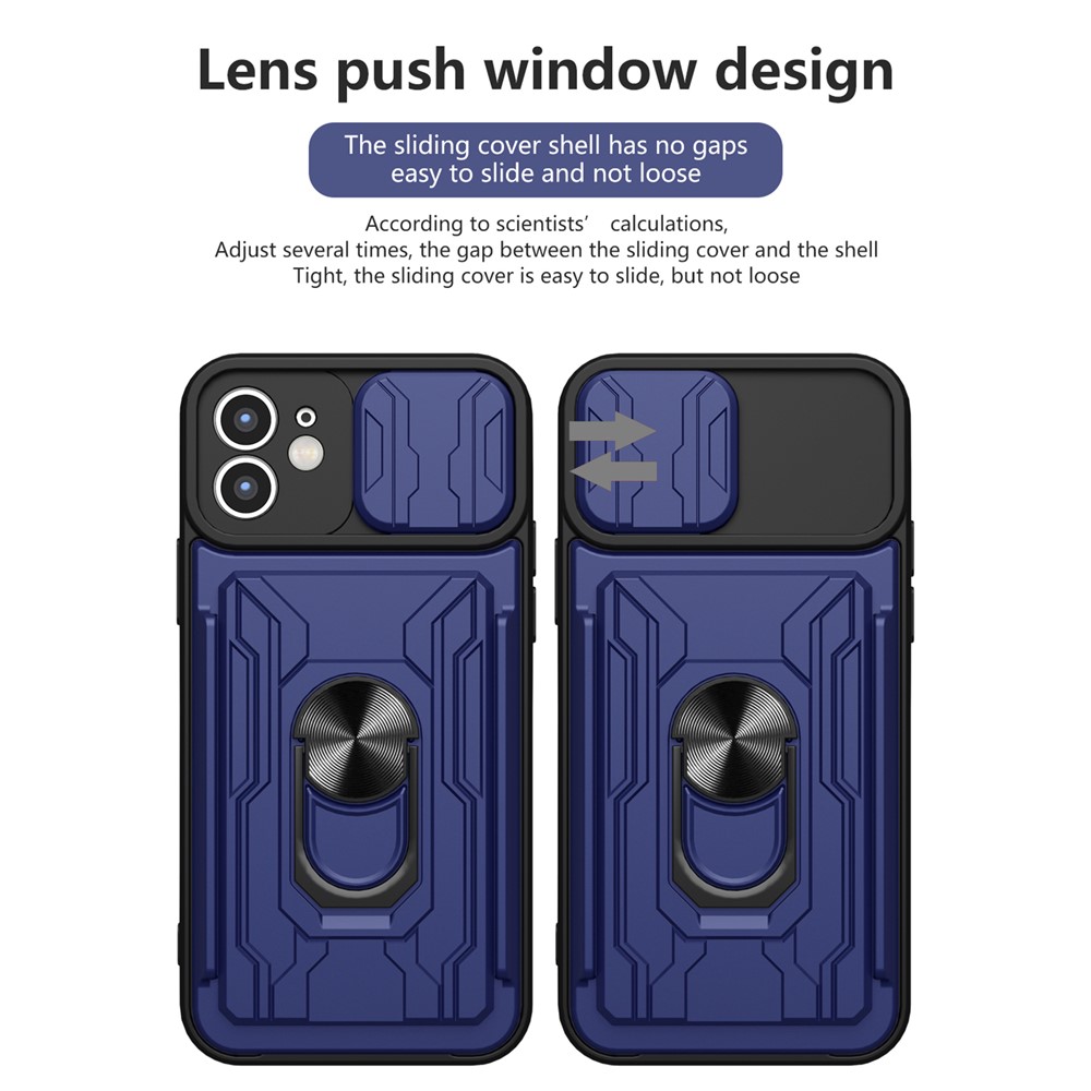 Ring Holder Kickstand Design PC + TPU Phone Case with Camera Slide Cover and Detachable Card Holder for iPhone 12 6.1 inch - Black-9