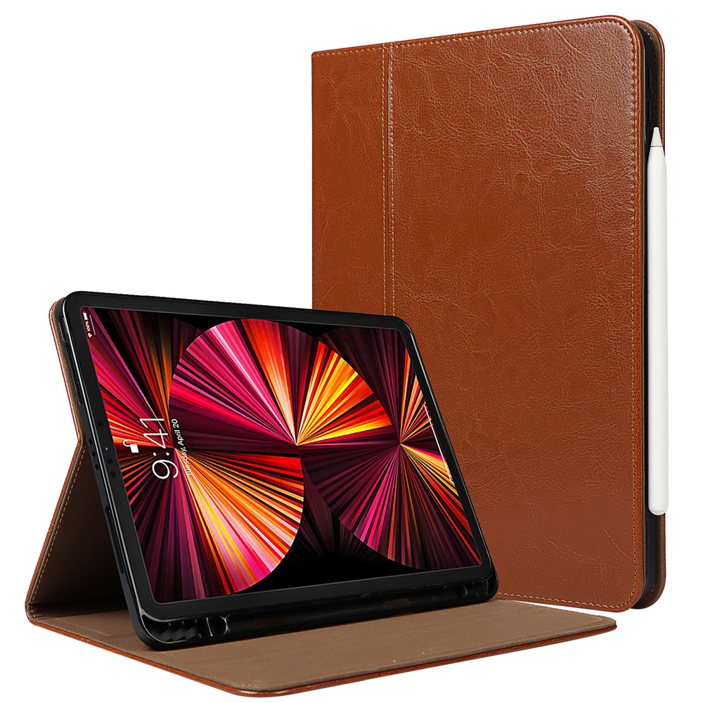 Crazy Horse Texture Wake/Sleep Function Genuine Leather Anti-fall Tablet Case with Stand for Apple iPad Pro 11-inch (2021) - Light Brown
