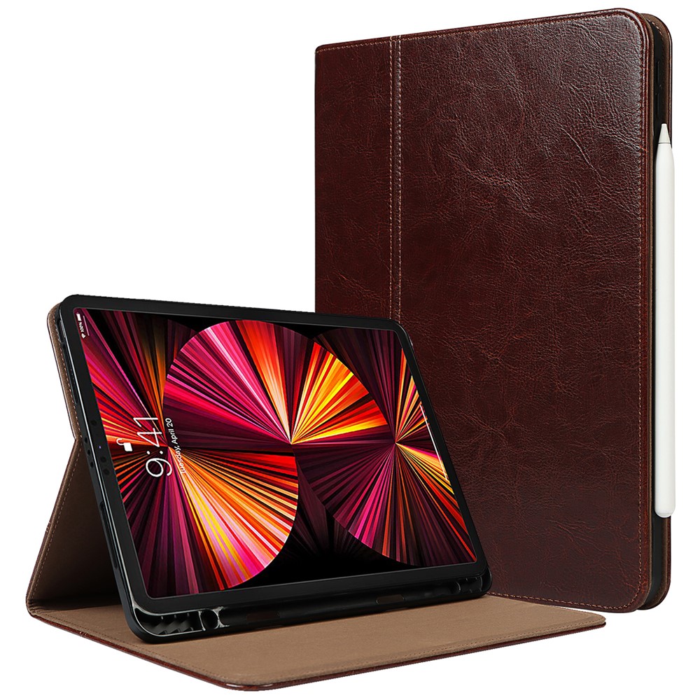 Crazy Horse Texture Wake/Sleep Function Genuine Leather Anti-fall Tablet Case with Stand for Apple iPad Pro 11-inch (2021) - Dark Brown