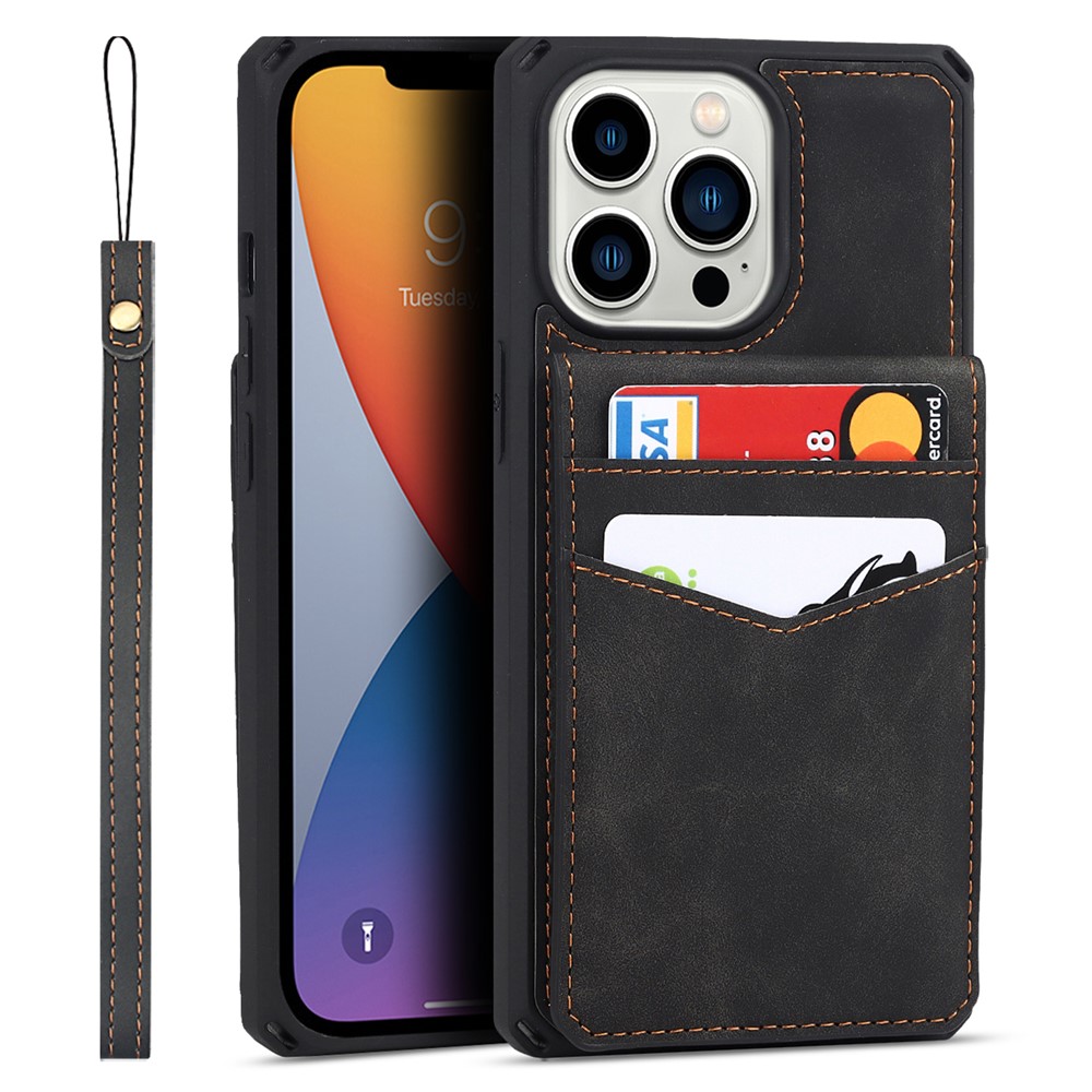 Vertical Flip Button Closure Card Slots Skin-touch Anti-scratch PU Leather Coated TPU Phone Case with Kickstand for iPhone 13 Pro Max 6.7 inch - Black-1