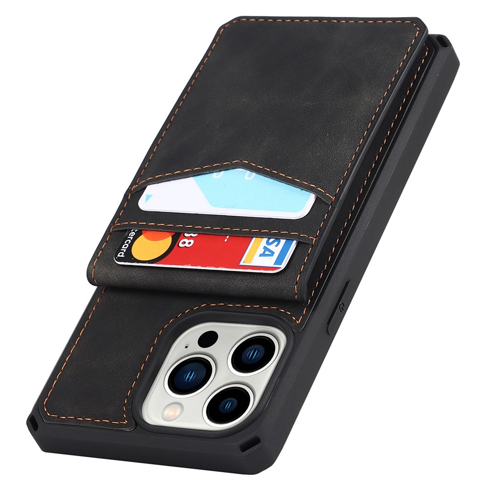 Vertical Flip Button Closure Card Slots Skin-touch Anti-scratch PU Leather Coated TPU Phone Case with Kickstand for iPhone 13 Pro Max 6.7 inch - Black-10