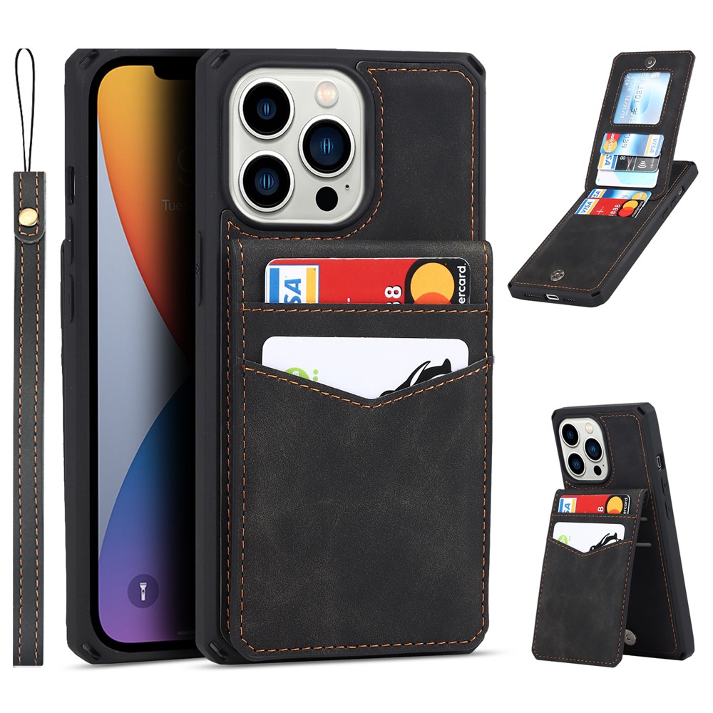 Vertical Flip Button Closure Card Slots Skin-touch Anti-scratch PU Leather Coated TPU Phone Case with Kickstand for iPhone 13 Pro Max 6.7 inch - Black-11