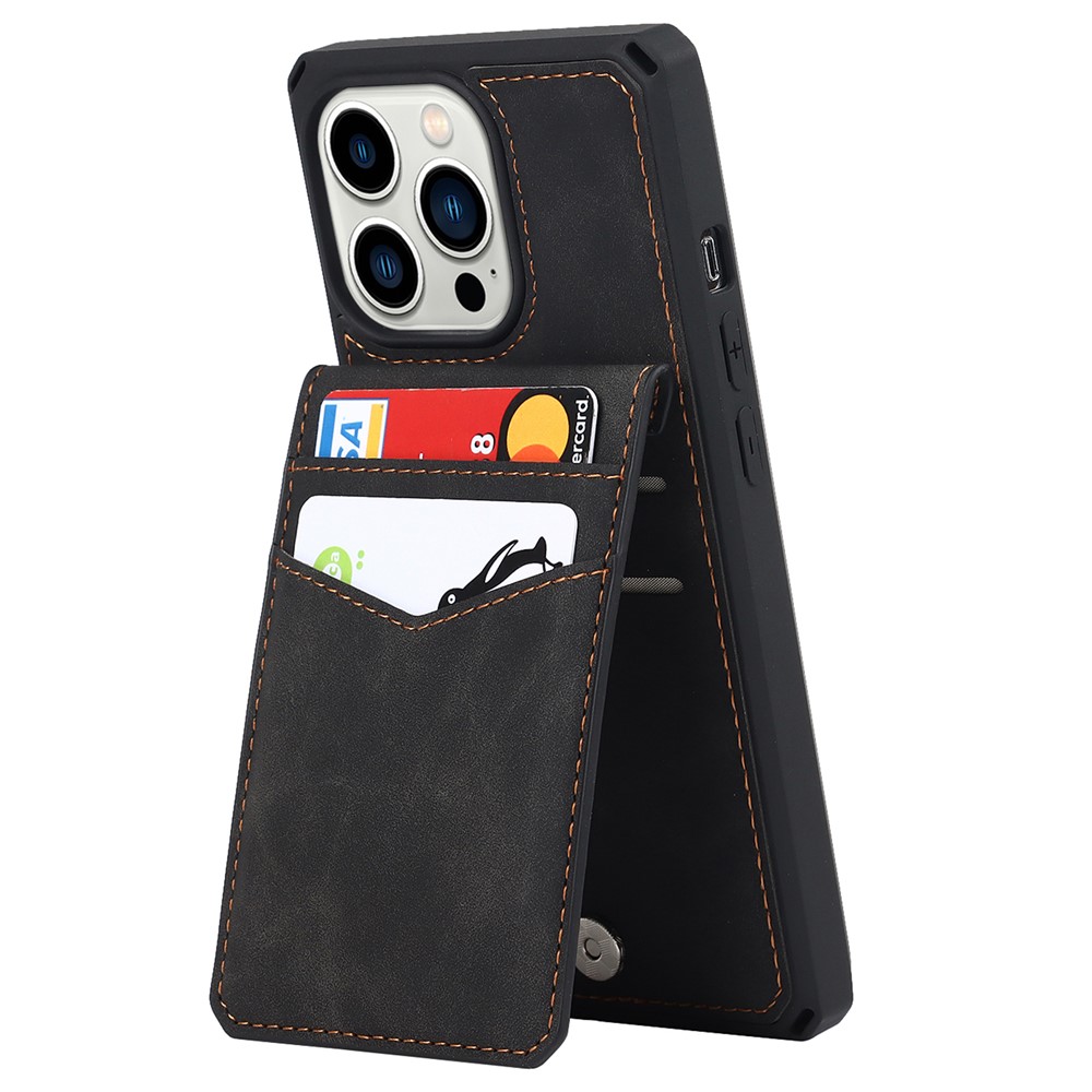 Vertical Flip Button Closure Card Slots Skin-touch Anti-scratch PU Leather Coated TPU Phone Case with Kickstand for iPhone 13 Pro Max 6.7 inch - Black-5