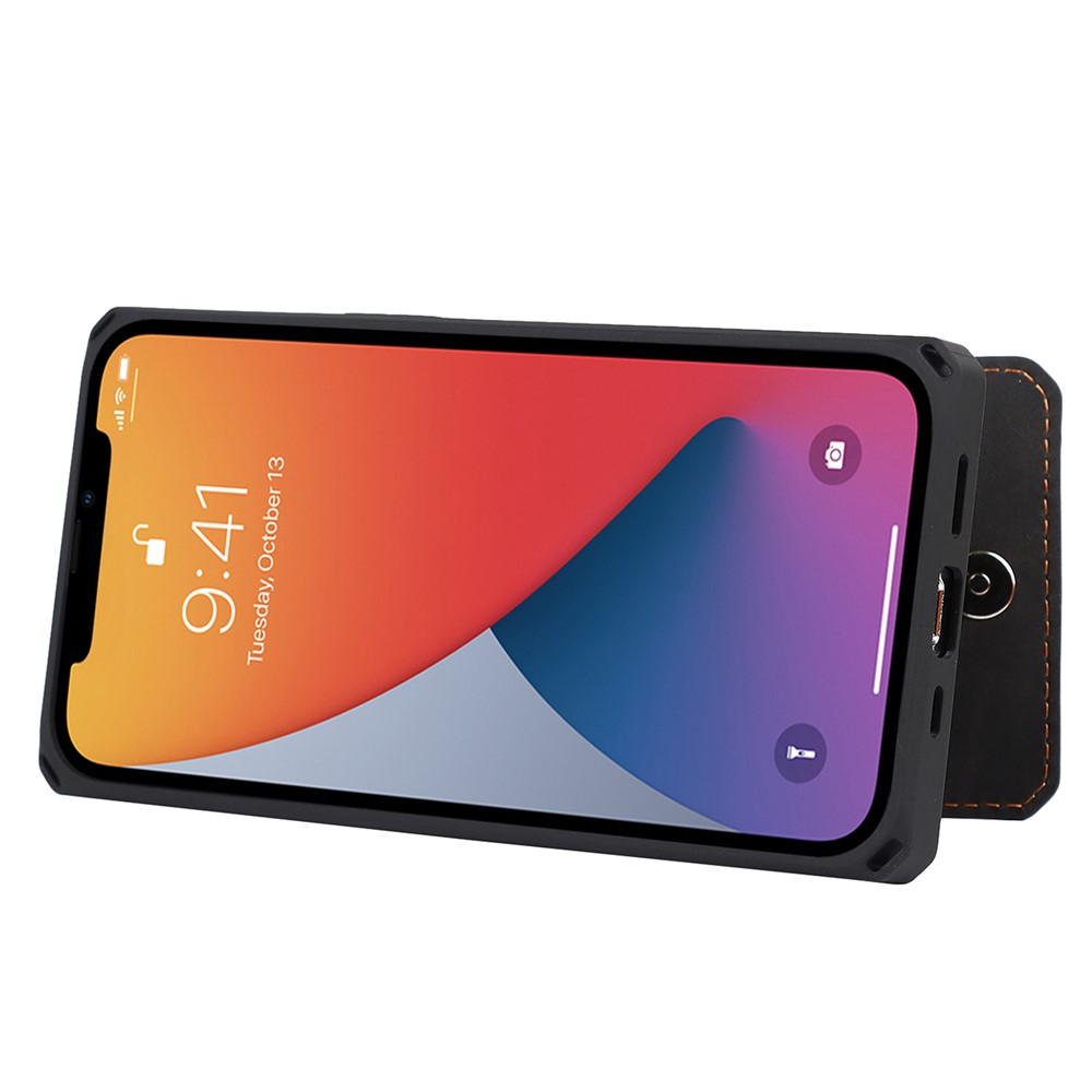 Vertical Flip Button Closure Card Slots Skin-touch Anti-scratch PU Leather Coated TPU Phone Case with Kickstand for iPhone 13 Pro Max 6.7 inch - Black-7