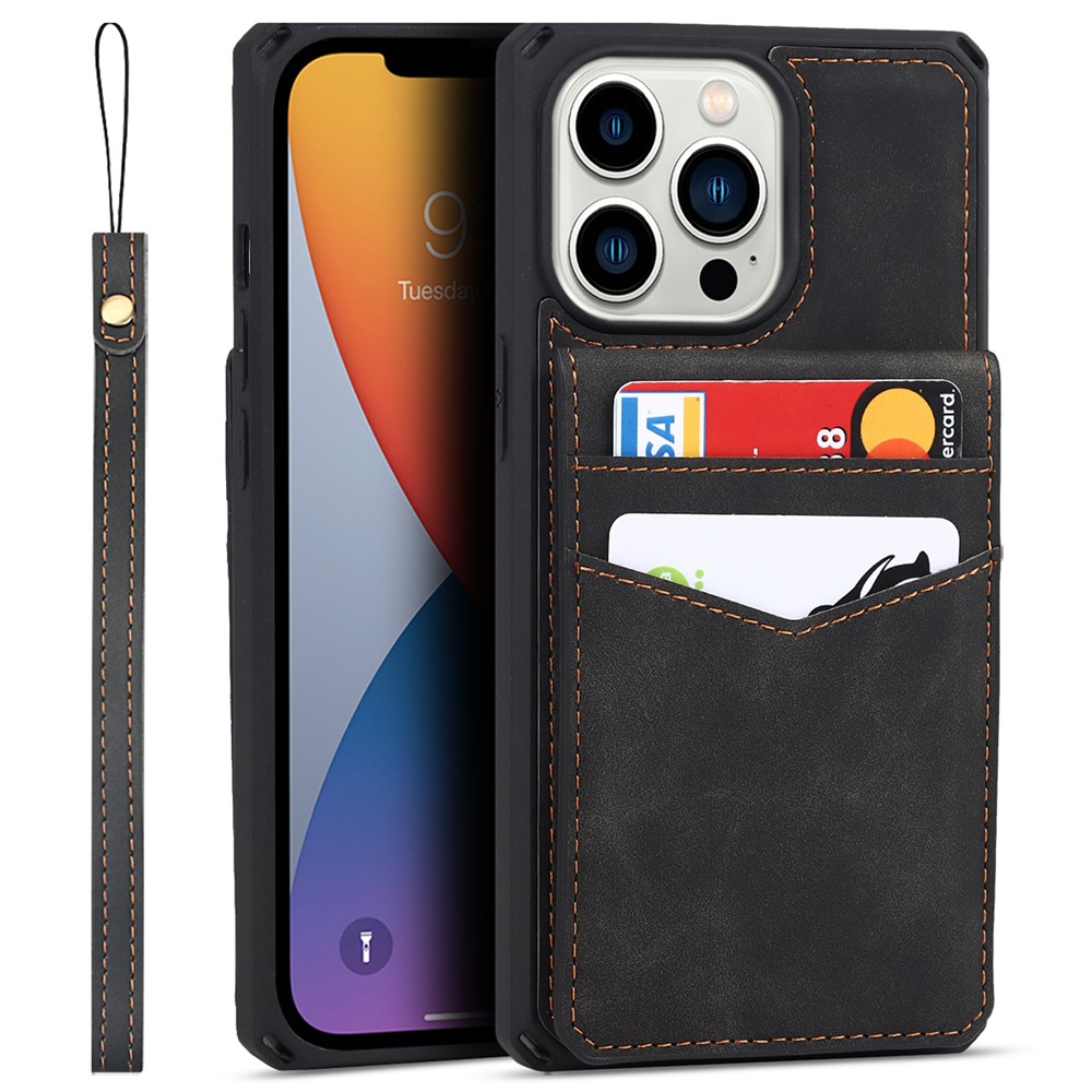 Vertical Flip Card Slots Design Button Closure Skin-touch Well-protected PU Leather Coated TPU Phone Case with Kickstand for iPhone 13 Pro 6.1 inch - Black-1