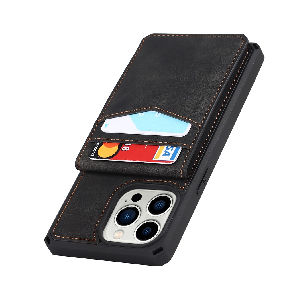 Vertical Flip Card Slots Design Button Closure Skin-touch Well-protected PU Leather Coated TPU Phone Case with Kickstand for iPhone 13 Pro 6.1 inch - Black-10