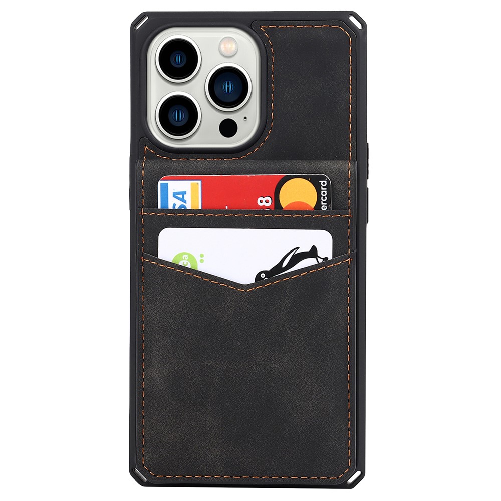 Vertical Flip Card Slots Design Button Closure Skin-touch Well-protected PU Leather Coated TPU Phone Case with Kickstand for iPhone 13 Pro 6.1 inch - Black-2