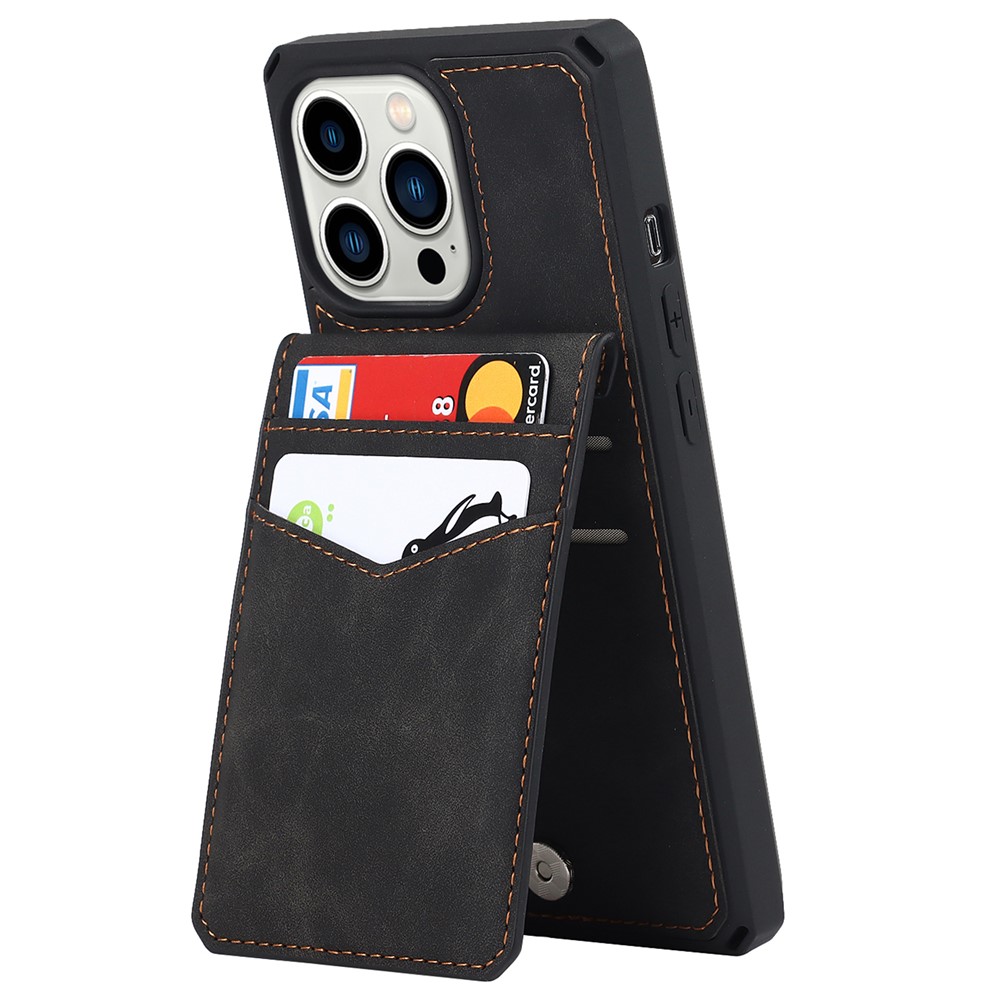 Vertical Flip Card Slots Design Button Closure Skin-touch Well-protected PU Leather Coated TPU Phone Case with Kickstand for iPhone 13 Pro 6.1 inch - Black-5
