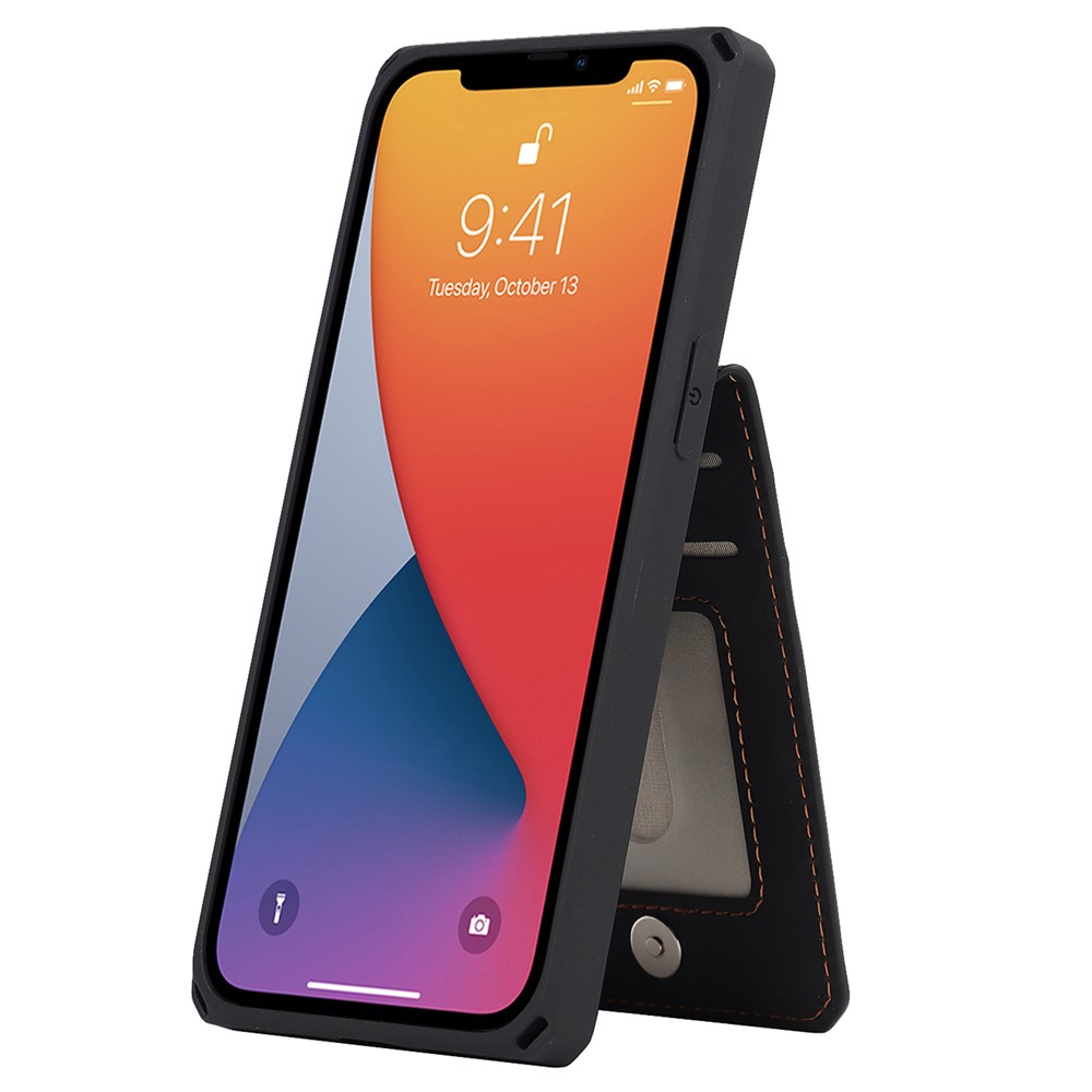 Vertical Flip Card Slots Design Button Closure Skin-touch Well-protected PU Leather Coated TPU Phone Case with Kickstand for iPhone 13 Pro 6.1 inch - Black-6