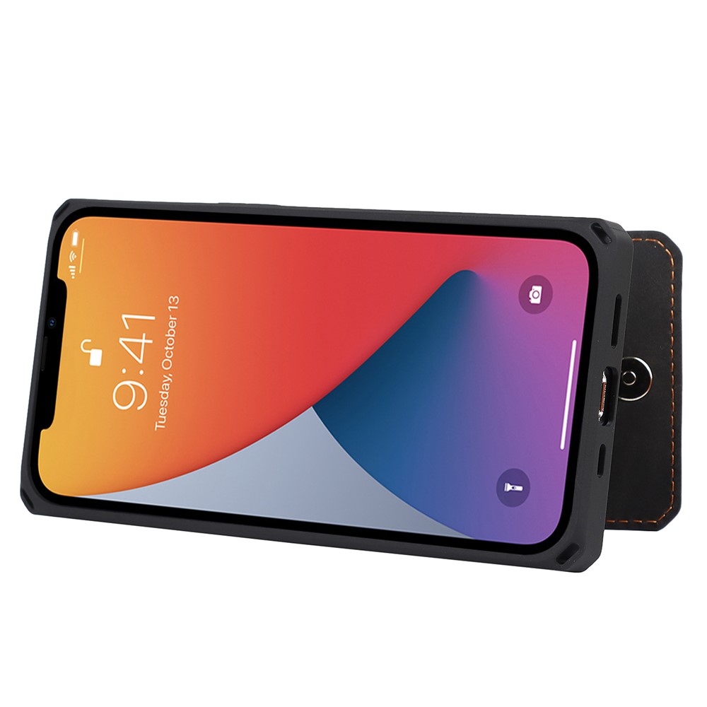 Vertical Flip Card Slots Design Button Closure Skin-touch Well-protected PU Leather Coated TPU Phone Case with Kickstand for iPhone 13 Pro 6.1 inch - Black-7